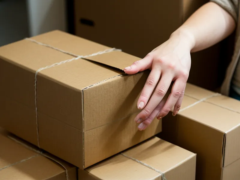 Mains ouvrant un carton de déménagement en retirant le ruban adhésif marron.
