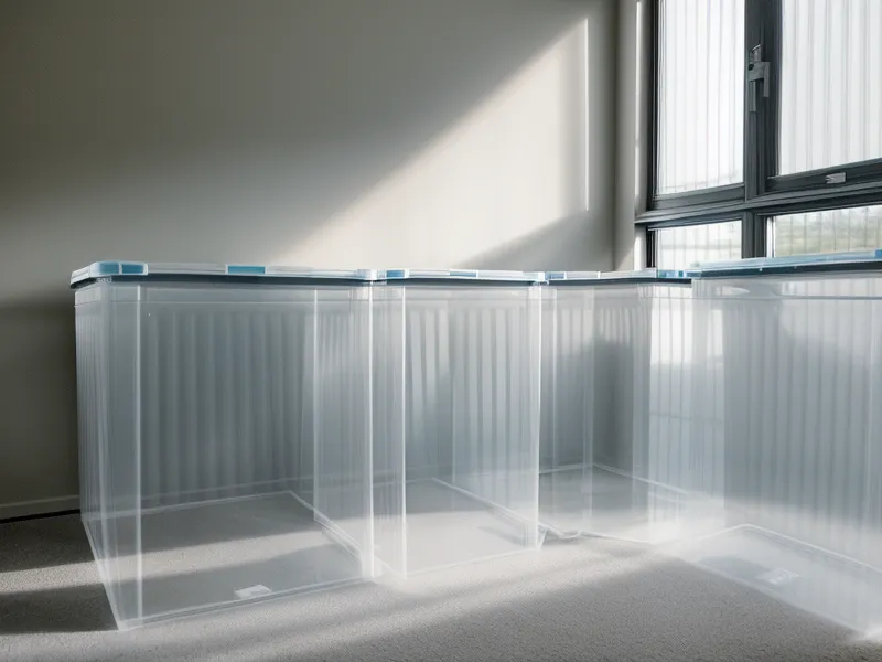 Pile de bacs de rangement en plastique transparent vides dans un coin d'appartement.