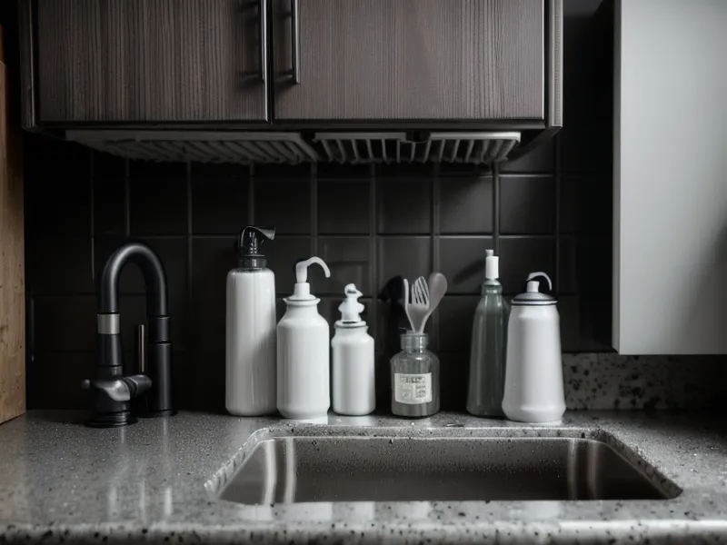 Désordre de produits ménagers et siphon sous un évier de cuisine