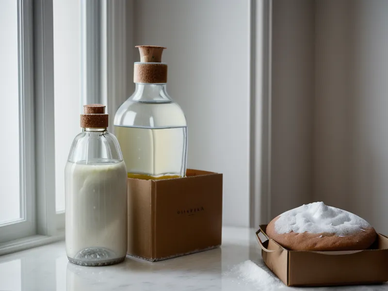 Bouteille de vinaigre blanc et bicarbonate de soude pour un ménage naturel