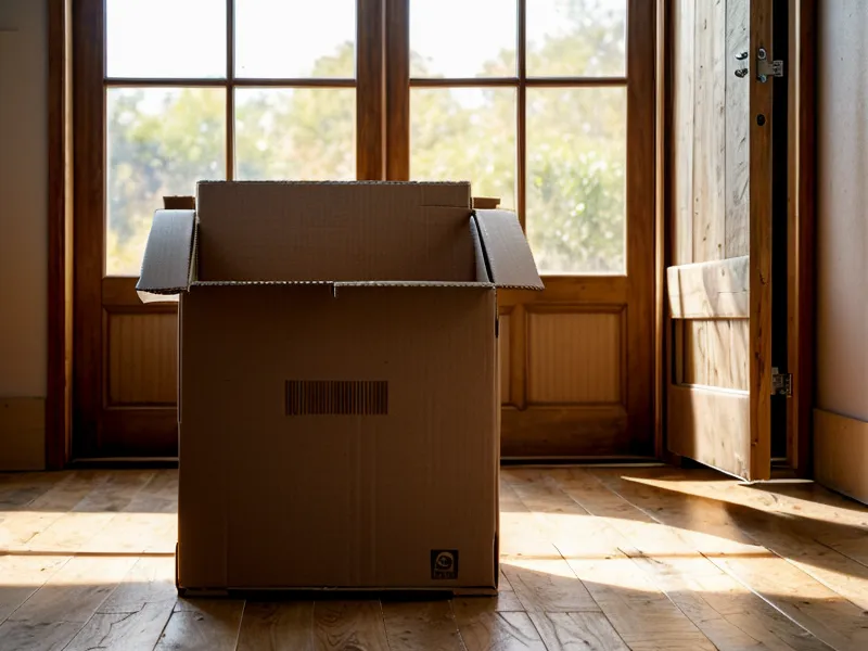 Carton de déménagement de vêtements posé sur un parquet ancien