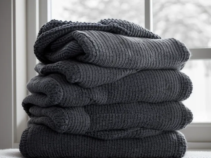 Pile de pulls en laine pliés sur un lit pendant un tri