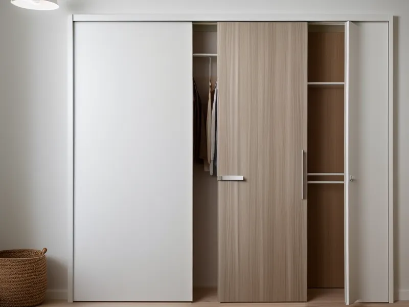 Main faisant coulisser une porte de placard bien rangé